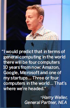 I would predict that in terms of general computing in the world there will be four computers 10 years from now: Amazon, Google, Microsoft and one of my startups… Three or four computers in the world… That’s where we’re headed.-Harry Weller, General Partner, NEA I would predict that in terms of general computing in the world there will be four computers 10 years from now: Amazon, Google, Microsoft and one of my startups… Three or four computers in the world… That’s where we’re headed.-Harry Weller, General Partner, NEA